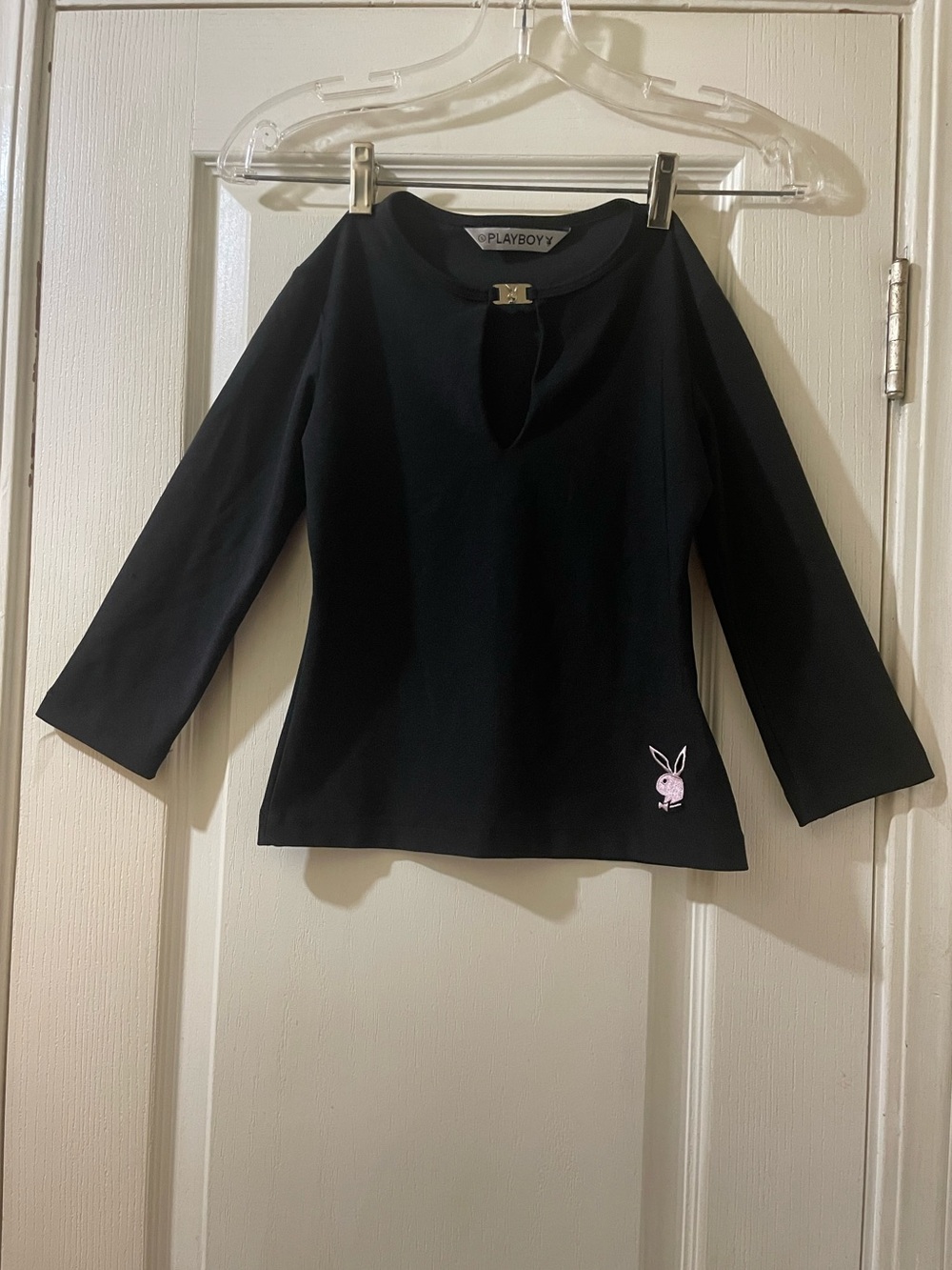 PLAYBOY Women’s Small Long Sleeve Black Shirt with Chrome Plate & Pink Embroider